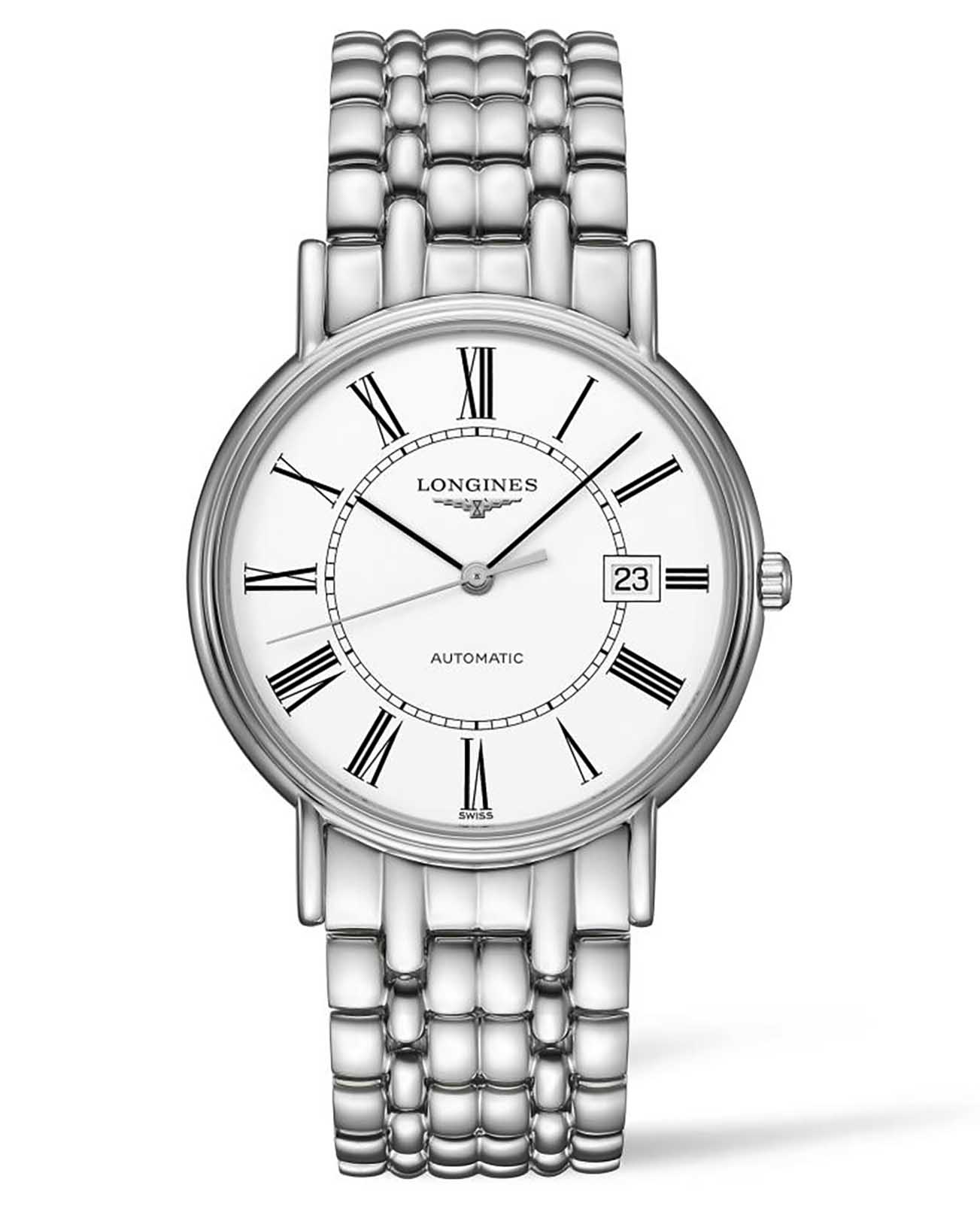 Longines Longines Presence L4.921.4.11.6  L49214116 механические мужские часы белый циферблат, браслет нержавеющая сталь — вид спереди